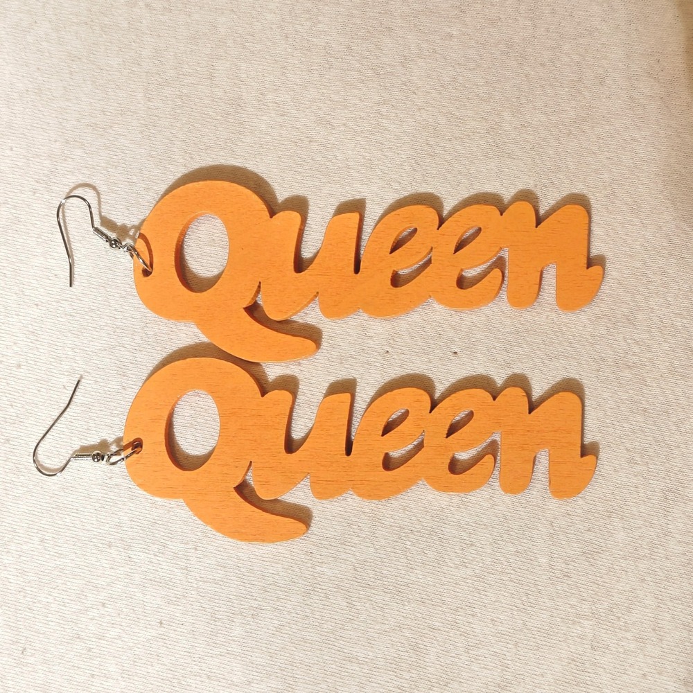 Orange Queen Script Wooden Drop Large Earrings Statement Dangle Jewelry 4 Inch